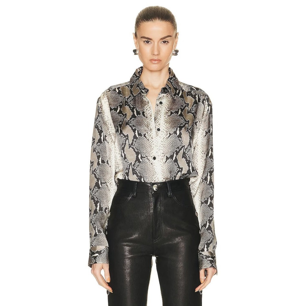 Khaite Argo Snakeskin Print Button Down Shirt Grey Black Cupro Silk Size 8